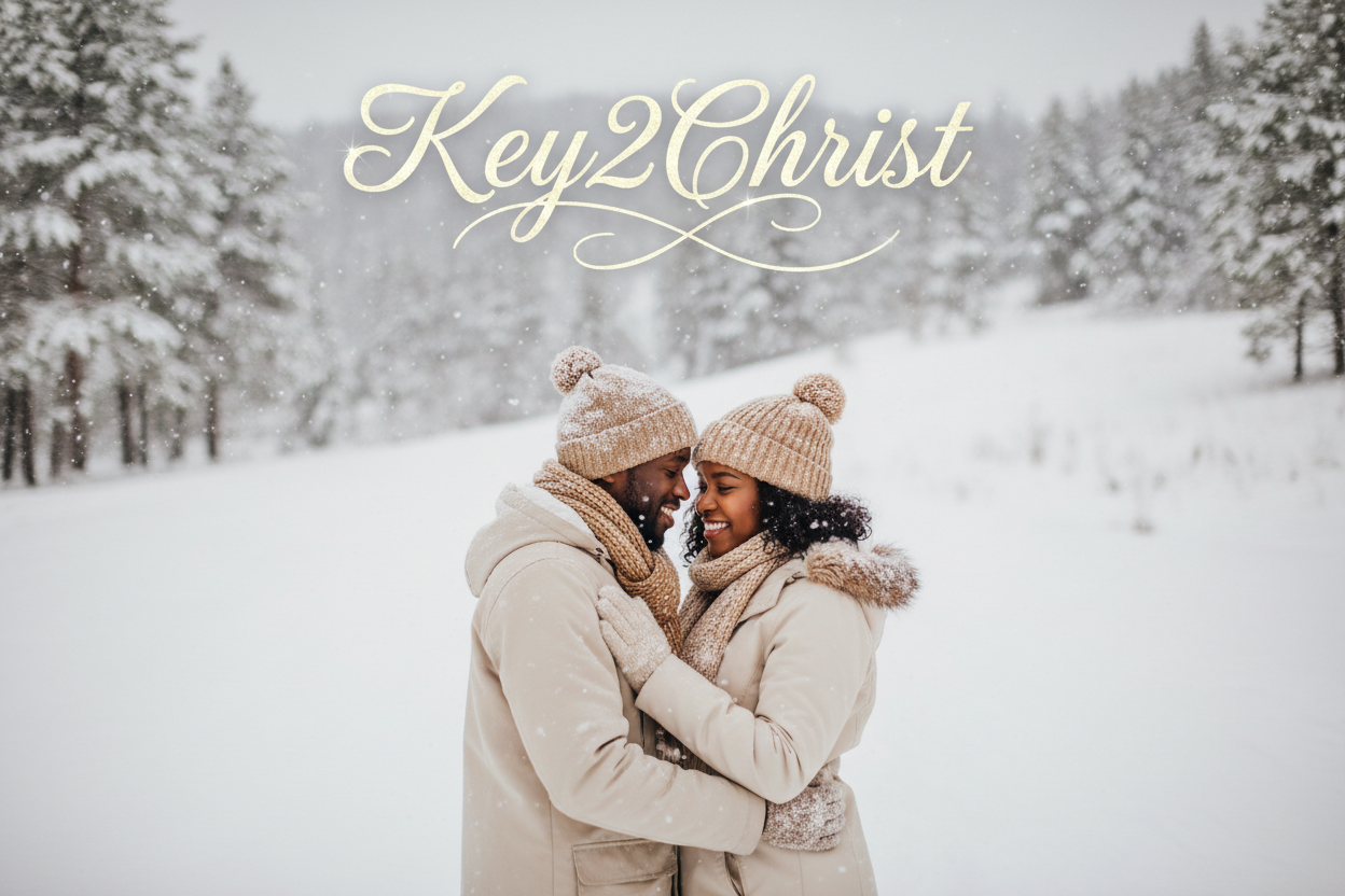 i want the brand name key2christ in the font hello paris with two black people in the winter with snow falling
